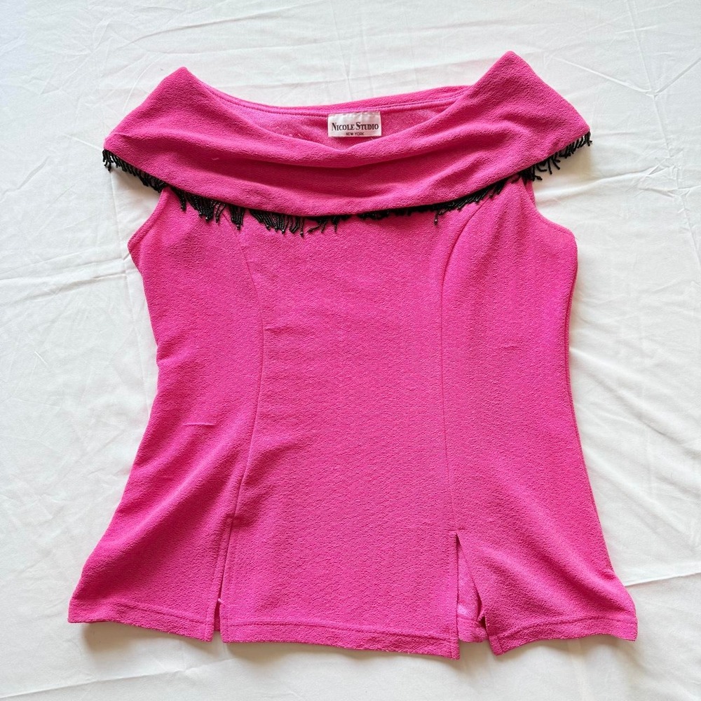 Nicole Studio Women's L/XL Hot Pink Off Shoulder Beaded Fringe Top